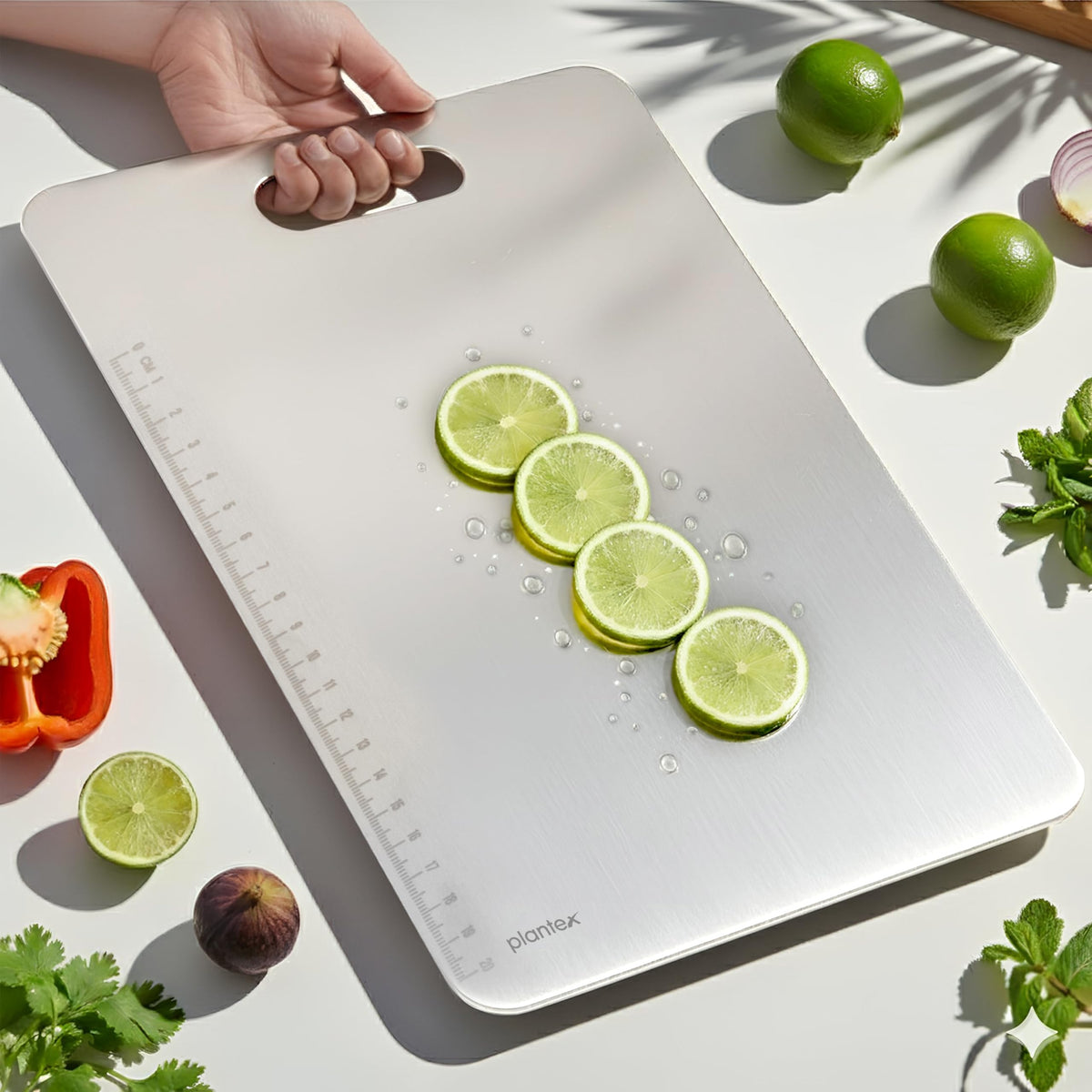 Plantex Stainless Steel Chopping Board/Chopper Board for Kitchen Use/Cutting Pad for Vegetables/Fruits/Meat/Easy-to-Move Handle with Hygienic Surface (31 x 20.5 cm, Chrome)