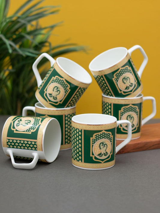 Clay Craft Fine Ceramic Director Printed Tea/Coffee Set of 6-200 ml Each (Green), Tea Cup Set of 6, Microwave & Dishwasher Safe, Mugs for Coffee, Cups Set of 6, Mug Set, Gift Set, Ideal for Gifting