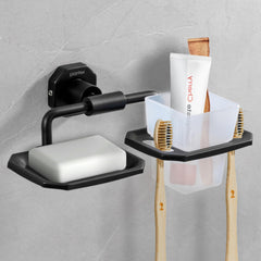 Plantex 304 Grade Stainless Steel 2in1 Soap Dish with Tumbler Holder/Soap Stand/ABS Materail Tooth Brush Holder/Bathroom Accessories - Nipron (Black)-1