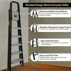 Bonkaso Climb Lite Pro 6 Steps Foldable Aluminium Ladder, Load Capacity Upto 120kg, Multipurpose Ladder for Home & Office, Anti-Skid, Heavy Duty Platform, 5 Years Warranty (191h x 52w Cms) Black