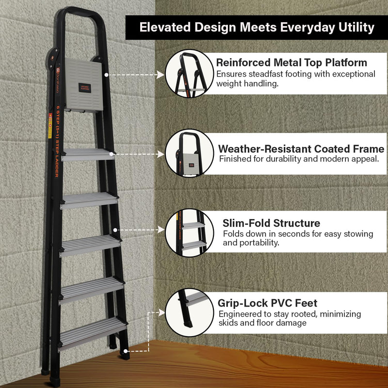 Bonkaso Climb Lite Pro 6 Steps Foldable Aluminium Ladder, Load Capacity Upto 120kg, Multipurpose Ladder for Home & Office, Anti-Skid, Heavy Duty Platform, 5 Years Warranty (191h x 52w Cms) Black