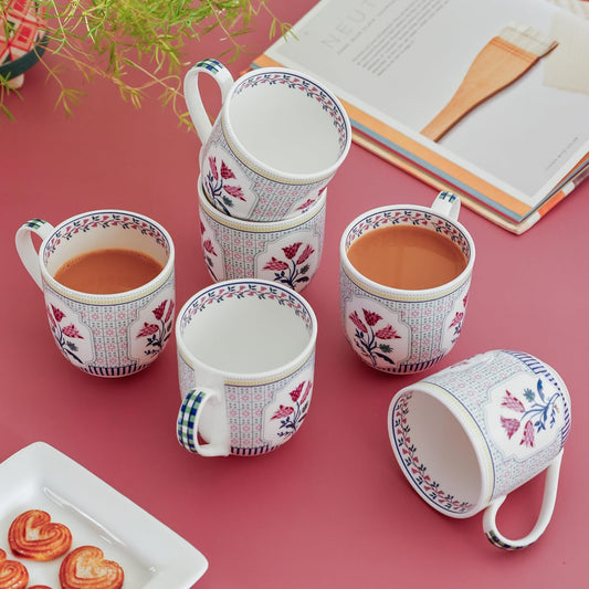 Magique by The Wishing Chair x ClayCraft : Bouquet Tulip Garden Coffee Mugs Set of 6 – 250 ml Fine Ceramic Tea Cups | Lightweight Floral Bone China Mugs | Microwave & Dishwasher Safe | Daily Use