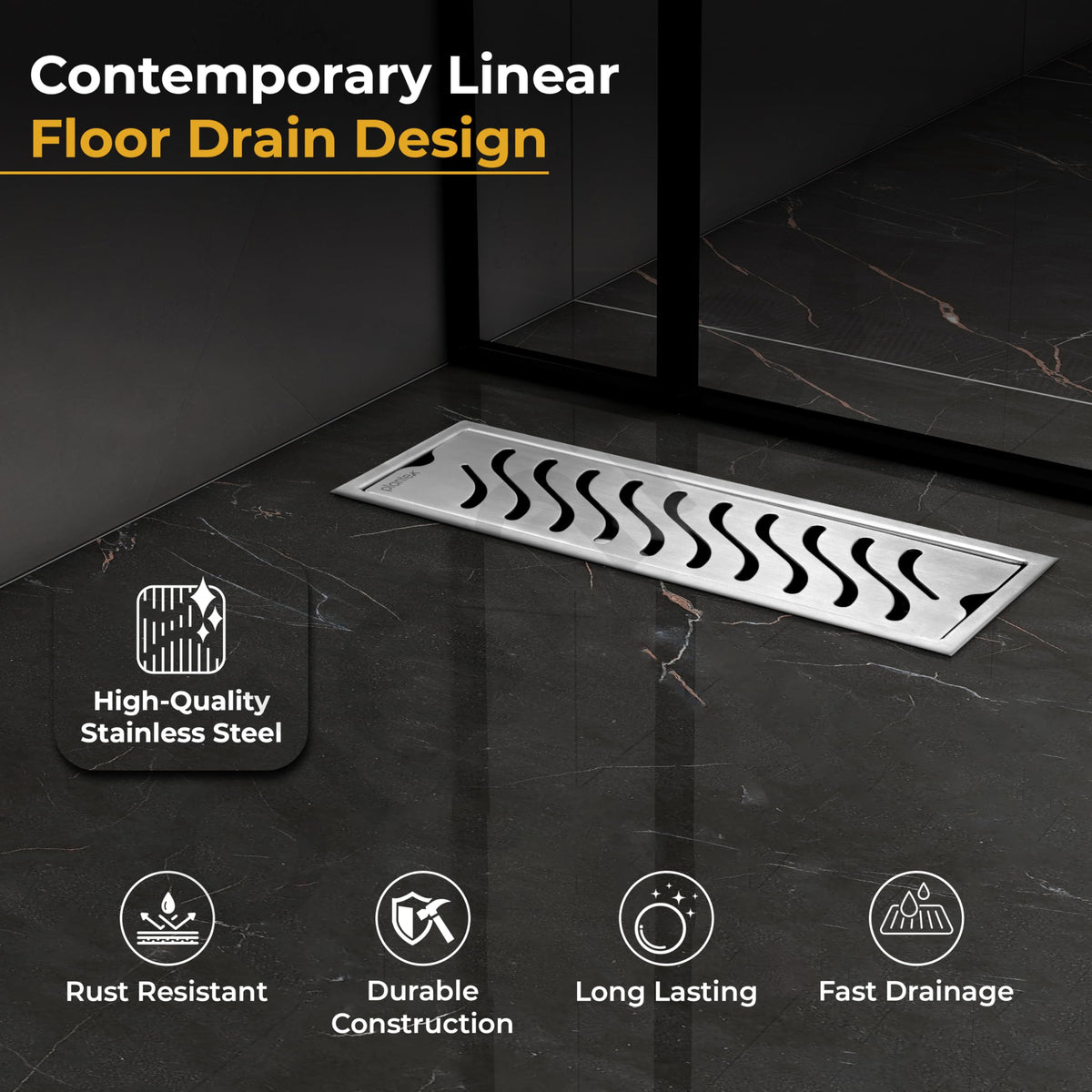 Plantex 304 Grade Stainless Steel Shower Water Drain Channel/12x4 Inch Floor Drain/Drainage Cover/Floor Drain Cover with Removable Grate - (Wave, Chrome)-2