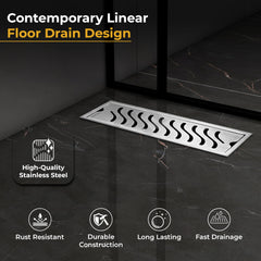 Plantex 304 Grade Stainless Steel Shower Water Drain Channel/12x4 Inch Floor Drain/Drainage Cover/Floor Drain Cover with Removable Grate - (Wave, Chrome)-2