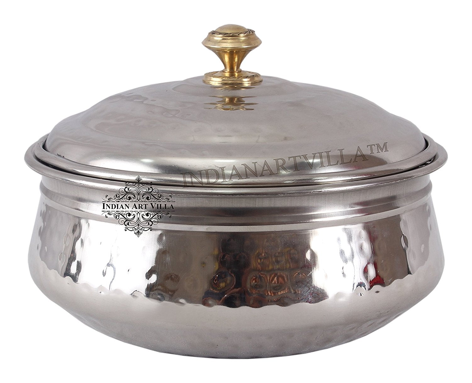 Handmade Pure Steel Hammered Design Handi Bowl or Lid with Brass Knob- 1000 ML