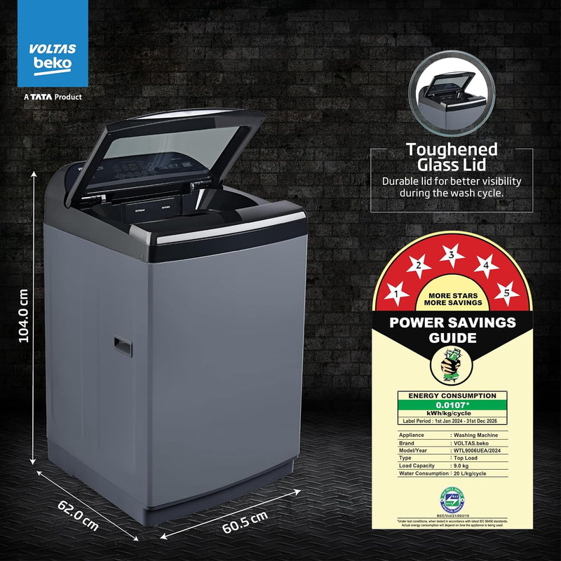 Voltas Beko, A Tata Product 9 Kg 5 Star Fully-Automatic Top Loading Washing Machine (WTL9006UEA / OBS1060, Grey, Double Waterfall Technology)-3