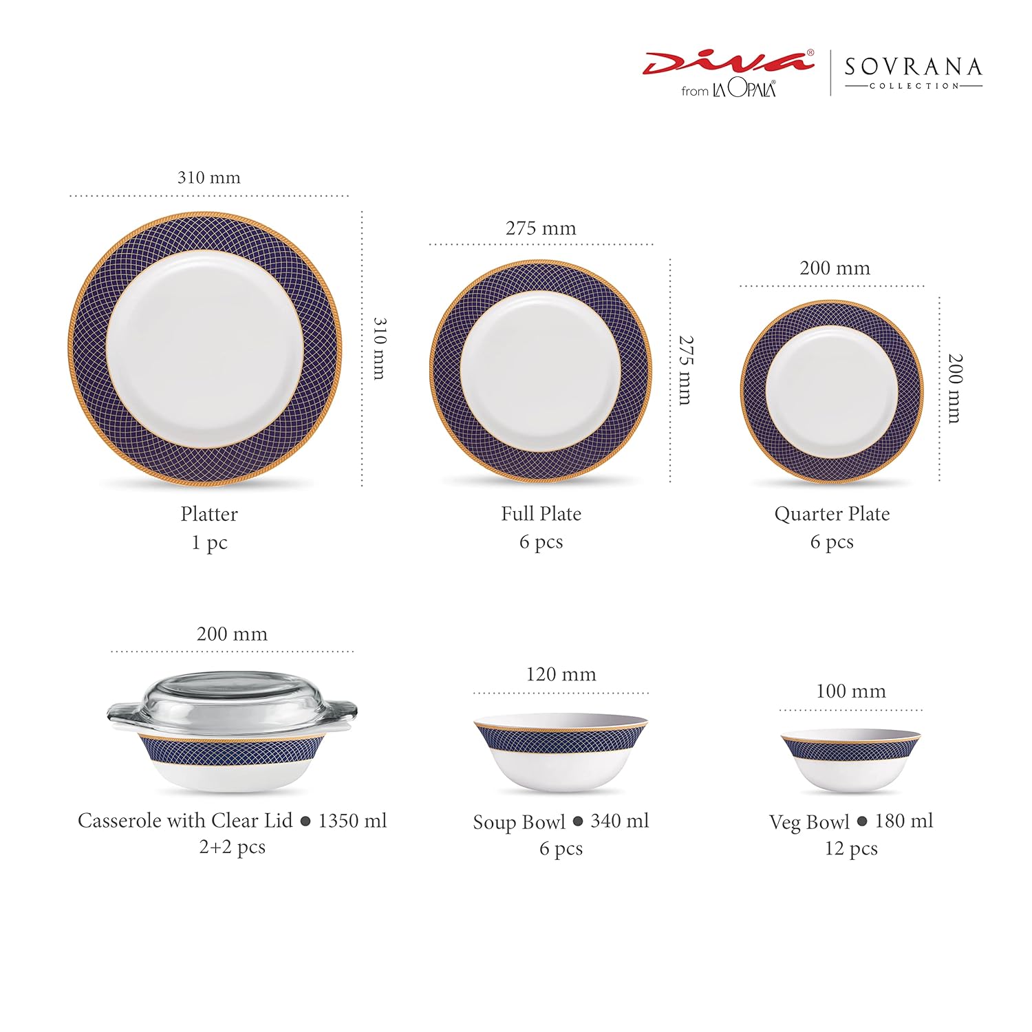 La Opala Diva Sovrana Collection Opal Glass Crockery | for Family of 6 | Dinner Set 35 pcs Regent Blue | Plates & Bowls for Dining | Microwave Safe | 100% Vegetarian | Extra Strong | Light & White