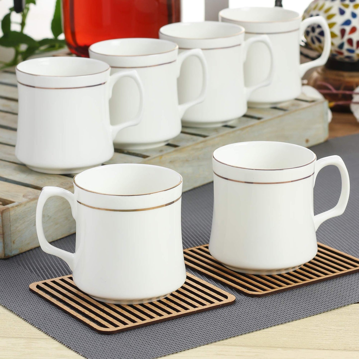 Clay Craft Elegant Gold Line Coffee/Tea Cups Set of 6 Perfect for Daily use 180 ml, White, Standard (Pipe-Set of 6)