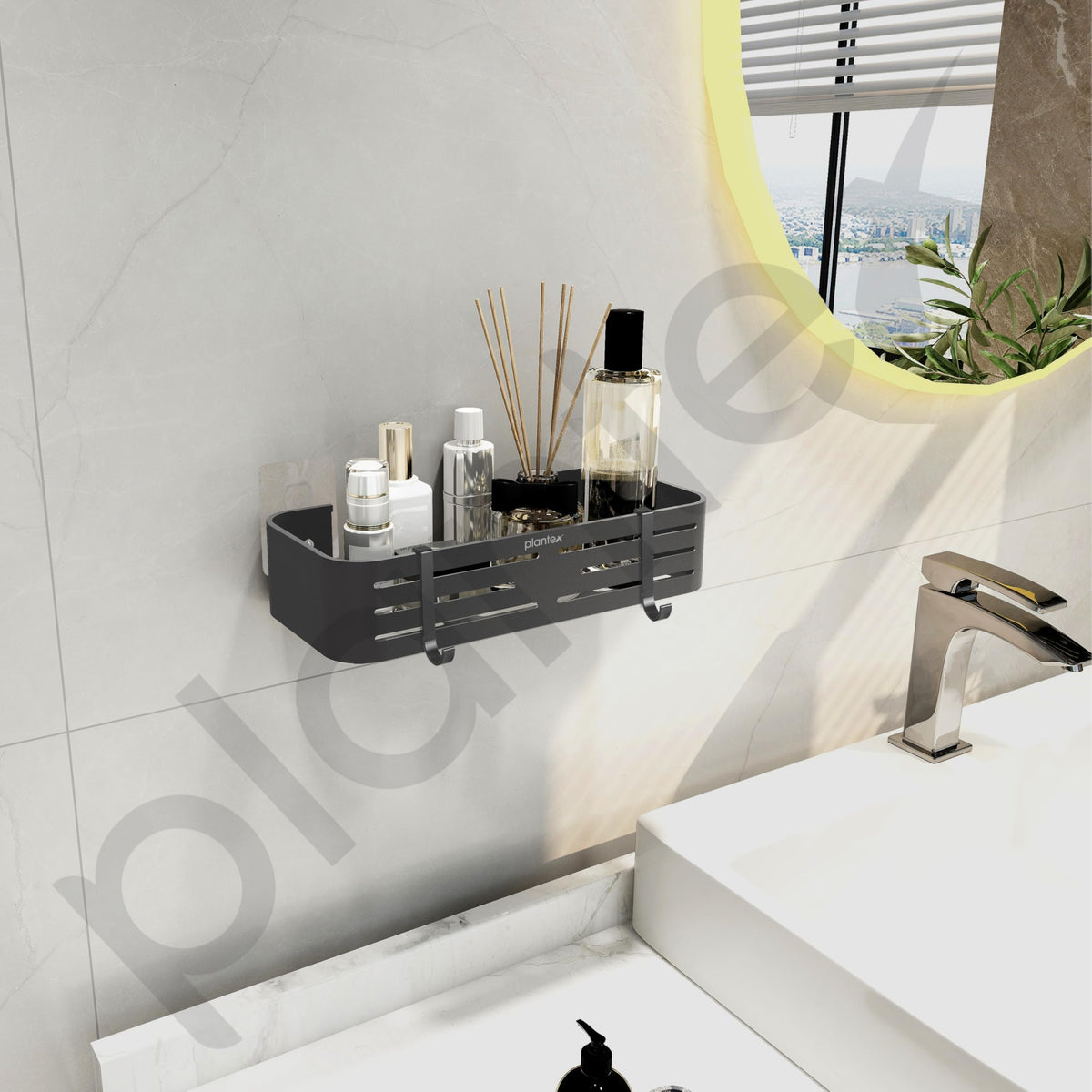 Plantex Bathroom Organizer Without Drill/Aluminium Wall Mounted Rack for Kitchen with Removable Hook/Self Adhesive Shelf for Bathroom- Pack of 1 (12 x 5 Inch - Matt Grey)-2