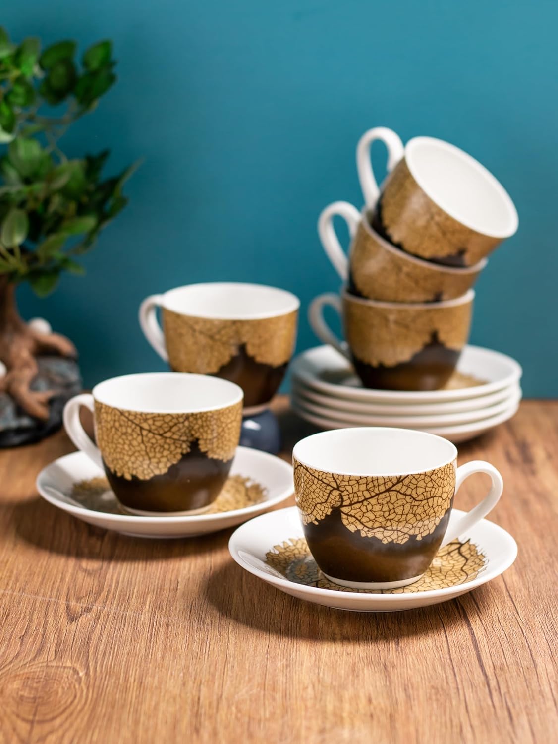 Clay Craft Fine Ceramic Cream Nature Cup & Saucer Set of 12 (6 Cups + 6 Saucers) - 180 ml Each