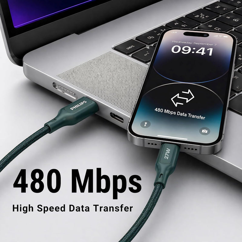 Philips DLC4150LT/94 27W iPhone Original Type-C to Lightning Fast Charging Cable (1.5m, Crystal Teal)