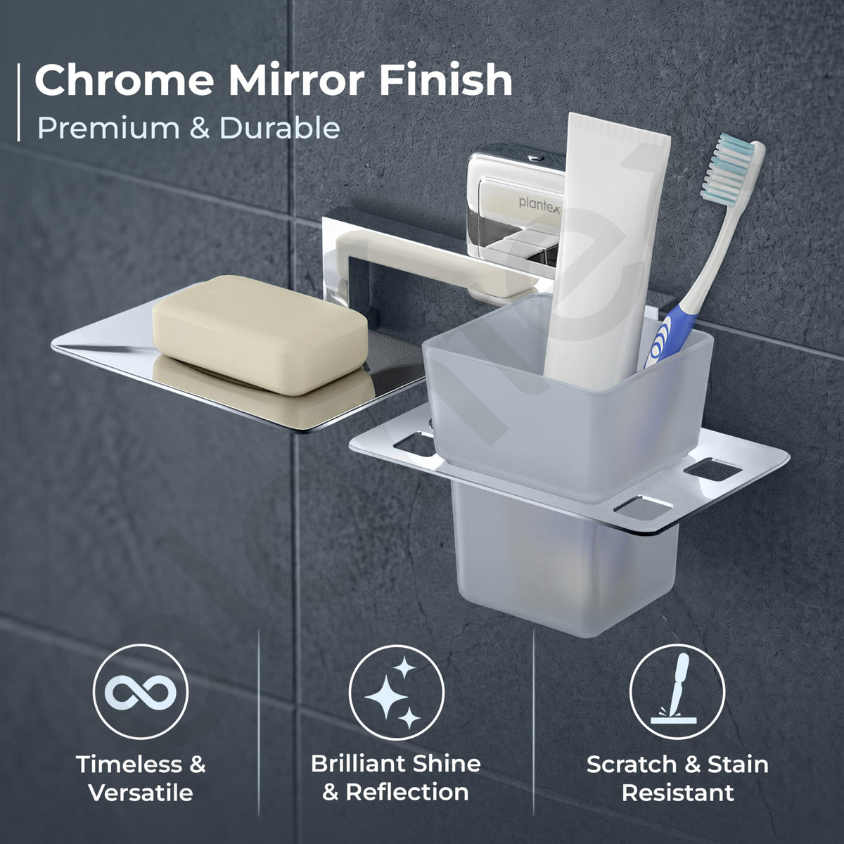 Plantex SS - 304 Grade Decan 2 in1 Soap Dish with Tumbler Holder/Soap Stand/Tooth Brush Holder/Bathroom Accessories - Decan (Chrome)-2