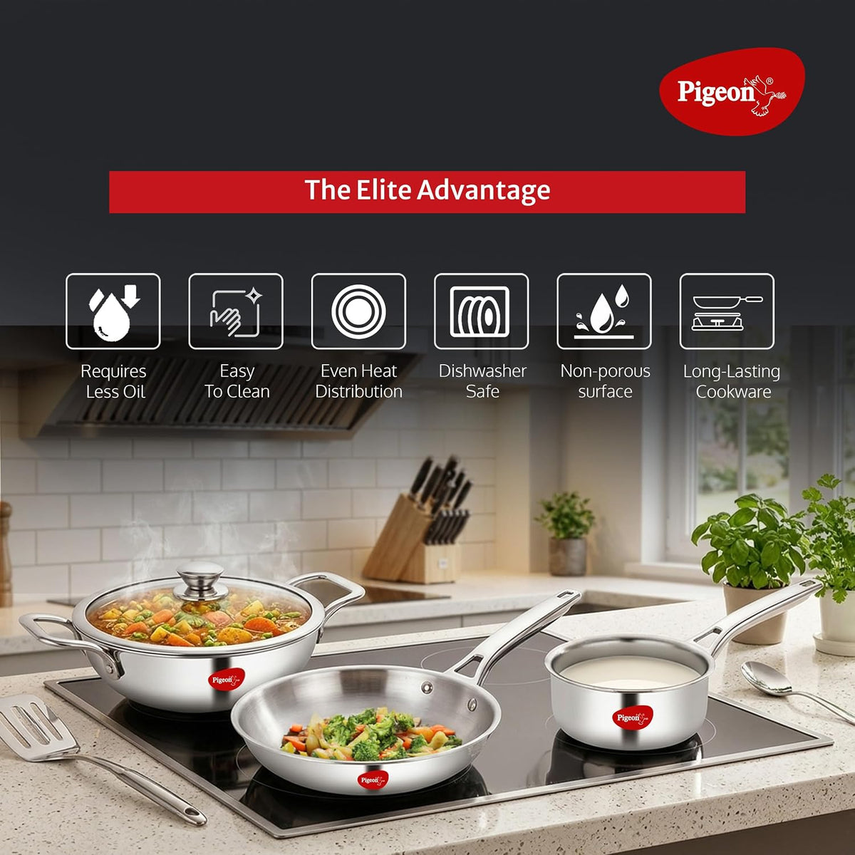 Pigeon Elite Stainless Steel Triply 4 Pcs Gift Set - 22cm (2L) Kadai, 22cm (1L) Frypan and 14cm (1.1L) Saucepan, Less Oi
