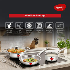 Pigeon Elite Stainless Steel Triply 4 Pcs Gift Set - 22cm (2L) Kadai, 22cm (1L) Frypan and 14cm (1.1L) Saucepan, Less Oi