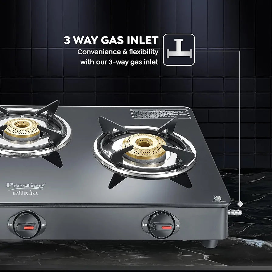 Prestige Efficia LP Open Gas Stove with Powder-Coated Body, Glass Top & 3 Brass Burners