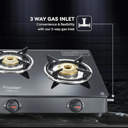 Prestige Efficia LP Open Gas Stove with Powder-Coated Body, Glass Top & 3 Brass Burners