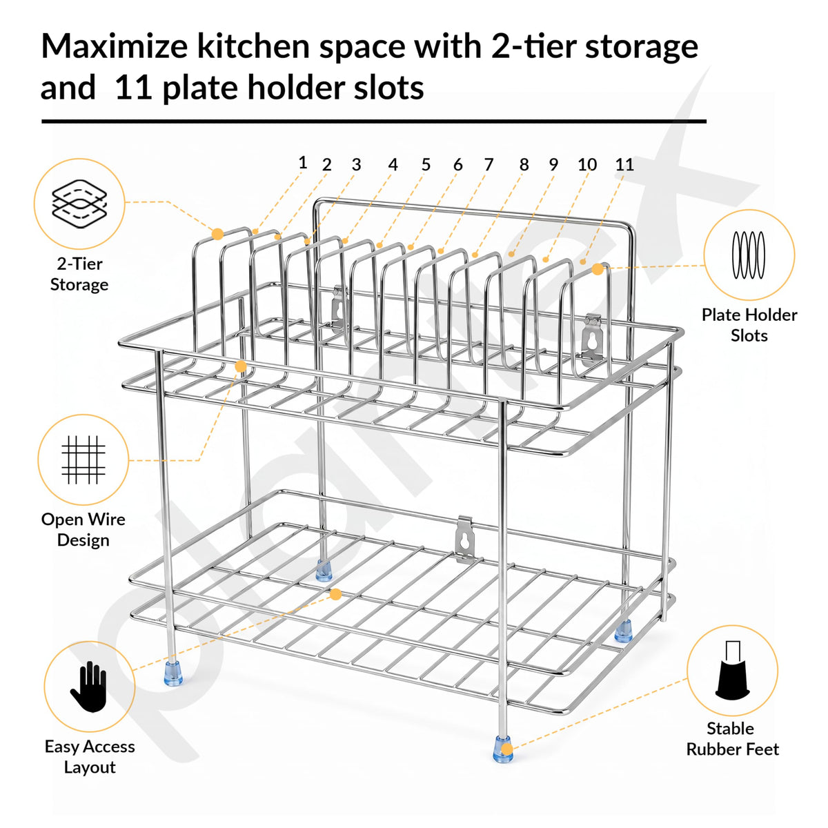 Plantex Stainless Steel Utensils Drying Rack/2-Tier Dish Rack/Plate Drying Rack for Kitchen Countertop/Bartan Stand - Chrome (13 x 8.5 x 12 Inch)-3