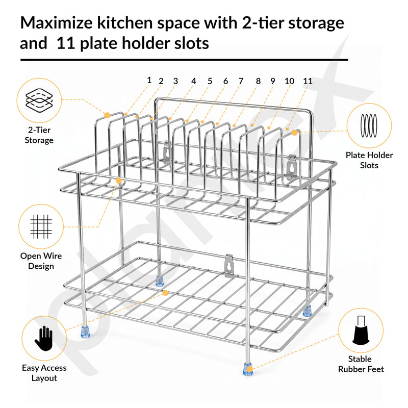 Plantex Stainless Steel Utensils Drying Rack/2-Tier Dish Rack/Plate Drying Rack for Kitchen Countertop/Bartan Stand - Chrome (13 x 8.5 x 12 Inch)-3