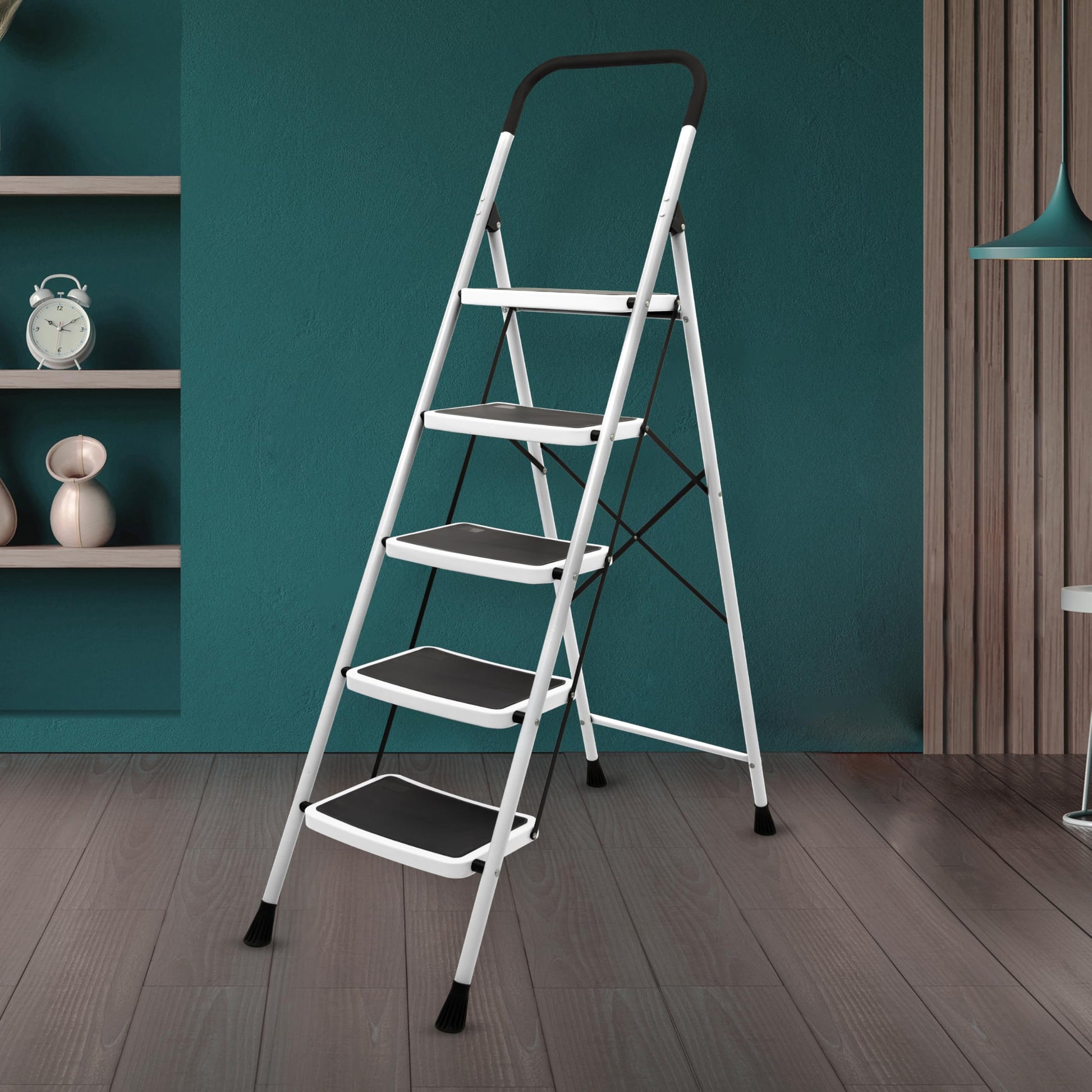Plantex Stylo Heavy-Duty Mild-Steel Folding 4 Step Ladder for Home with Advanced Locking System/Wide Anti-Skid Step Ladder (Black & Blue)