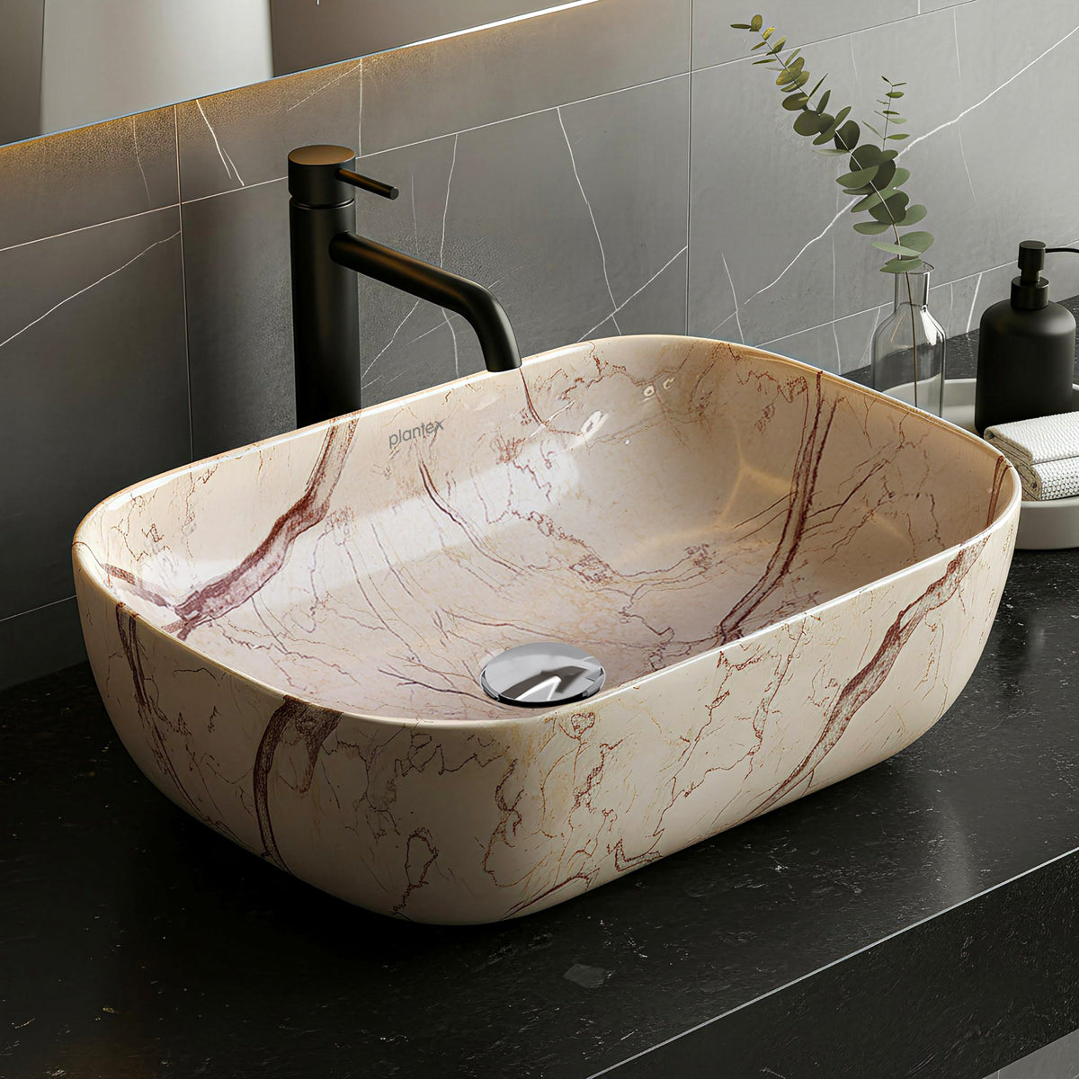 Plantex Ceramic Tabletop Sink/Basin for Bathroom/Wash Basin with Brown Veins/Basin for Living Room, Hotel (Marble Finish, 18 x 13 x 5.5 Inch)-1