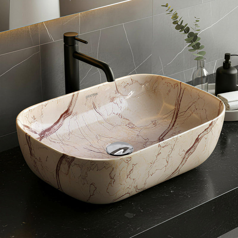 Plantex Ceramic Tabletop Sink/Basin for Bathroom/Wash Basin with Brown Veins/Basin for Living Room, Hotel (Marble Finish, 18 x 13 x 5.5 Inch)-1