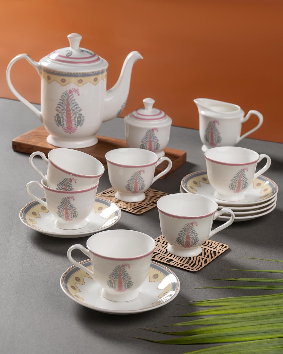 Clay Craft Fine Ceramic Tea Set of 15-1 Tea Pot with Lid +6 Cups+6 Saucers +1 Milk Pot + 1 Sugar Pot (Georgian Super S370)