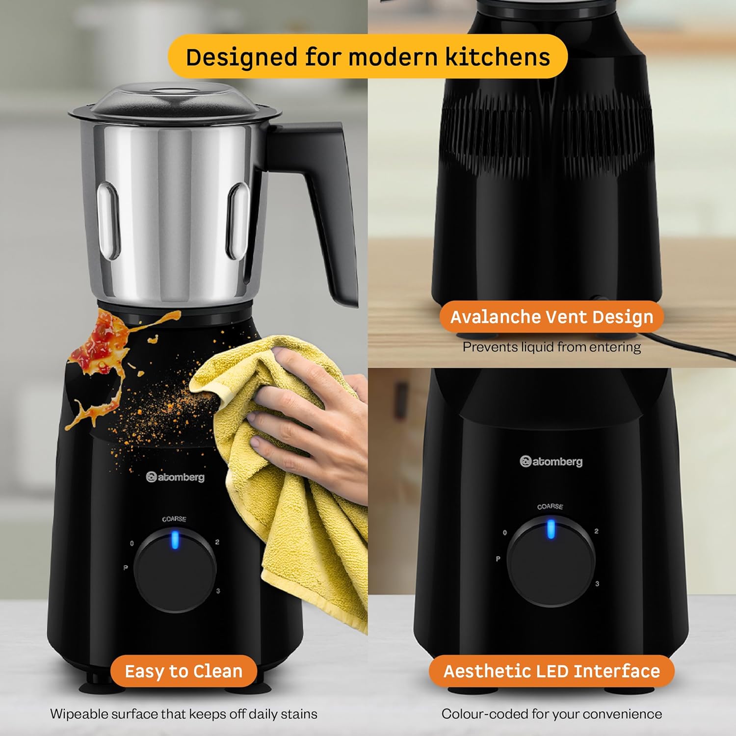 Atomberg Xiana 750 Watt Mixer Grinder | 3 Multipurpose Stainless Steel Jars | Coarse Mode for Silbatta-like Textures | Powerful Intelligent Motor | Easy Fault LED Indication | Gloss Black