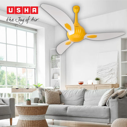 USHA New Bloom Series Helenium (Inspired by Helenium) BLDC Ceiling Fan with Bi-Directional Feature | Sleep/Boost/Timer Modes | RF Remote | Whisper-Quiet | Dust-Resistant (White & Saffron Yellow)