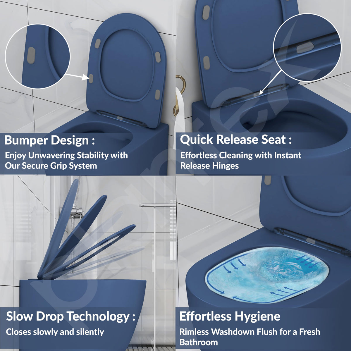 Plantex Imported Ceramic Wall Hung Commode/Rimless Washdown Western Toilet/Commode with Soft Close Toilet Seat - P Trap (Round- Dark Blue)-5