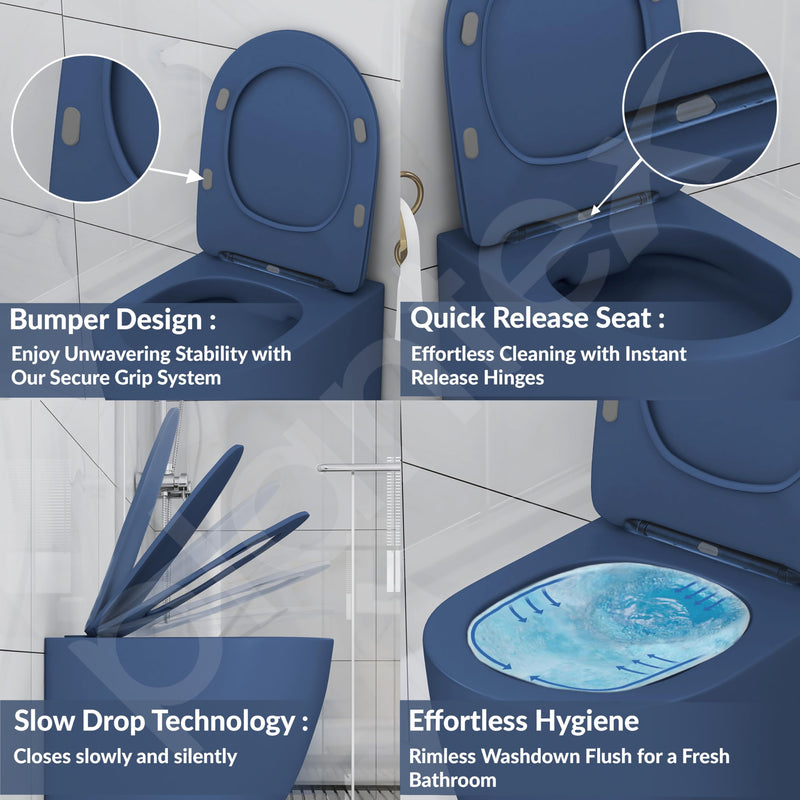 Plantex Imported Ceramic Wall Hung Commode/Rimless Washdown Western Toilet/Commode with Soft Close Toilet Seat - P Trap (Round- Dark Blue)-5