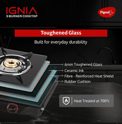 Pigeon Ignia 3 Burner Gas Stove with Open Heating Element, Black, Toughened Glass, Easy Cleaning, 2-Year Warranty