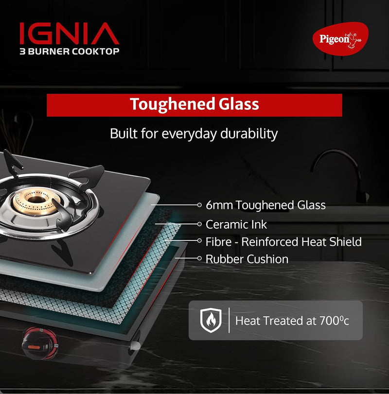 Pigeon Ignia 3 Burner Gas Stove with Open Heating Element, Black, Toughened Glass, Easy Cleaning, 2-Year Warranty