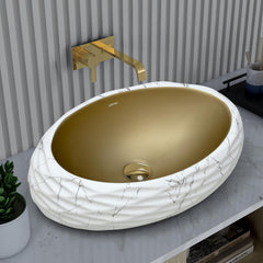 Plantex Table Top Wash Basin For Bathroom/Designer Ceramic Basin/Countertop Vessel Sink Basin - Indo-European Collection (White & Gold - 24 x 16 x 7 Inch)-1