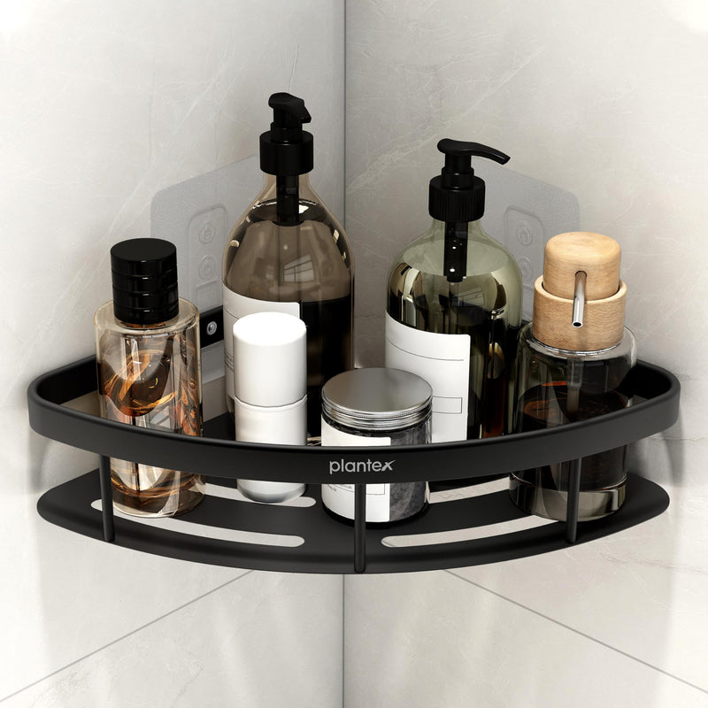 Plantex Aluminium Self Adhesive Bathroom Shelf/Corner Shelf for Bathroom Wall/Wall Mounted Bathroom Shelves & Accessories/No Drill Kitchen Organizer Rack Shelf-Pack of 1(9x9 Inch,Matt Black)-1
