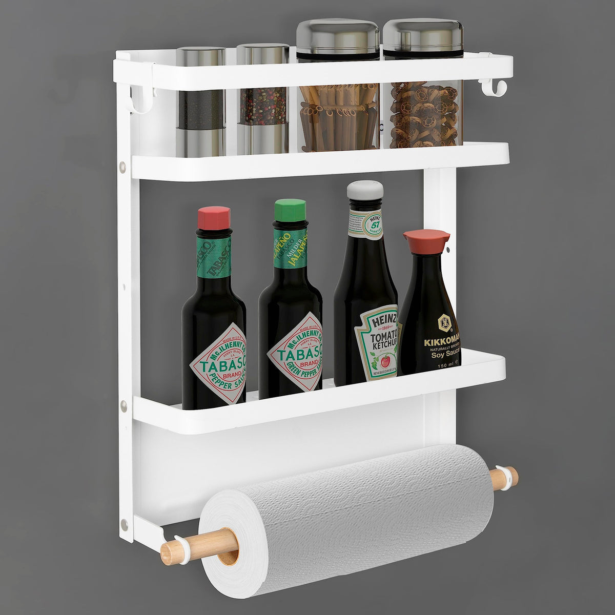 Plantex GI Steel Multi-Purpose Magnetic Shelf for Home/Fridge Organizer Spice Rack with Paper-Towel Holder/Kitchen Rack for Refrigerator (Small-White)