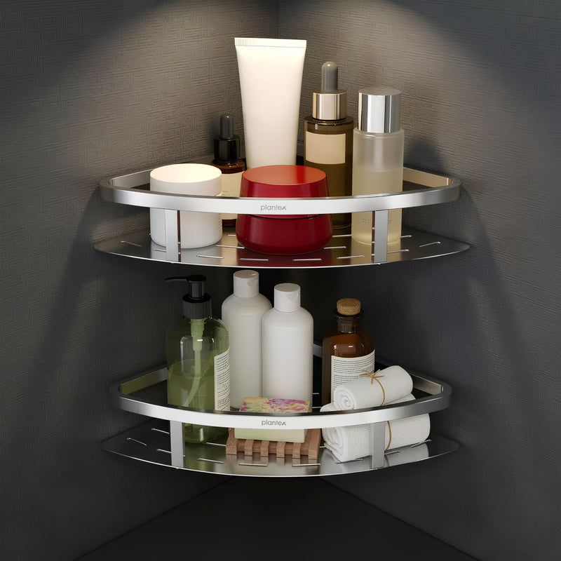 Plantex Corner Shelf for Bathroom Wall/304 Grade Stainless Steel Bathroom Corner Shelf Rack/Bathroom Racks and Shelves/Multipurpose Bathroom Accessories Set - Pack of 2 (Chrome,9x9 Inches)-1