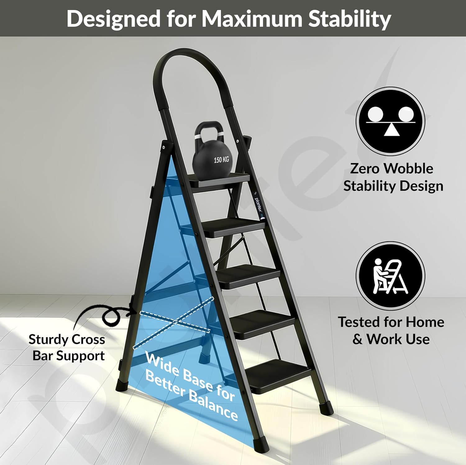 Plantex Ladder for Home 5 Steps/Foldable Ladder with Anti-Skid Wide Steps (30L x 20W cm)/Strong D-Shape Pipe with X-Support for More Stability/5 Year Warranty(Apex-Black)