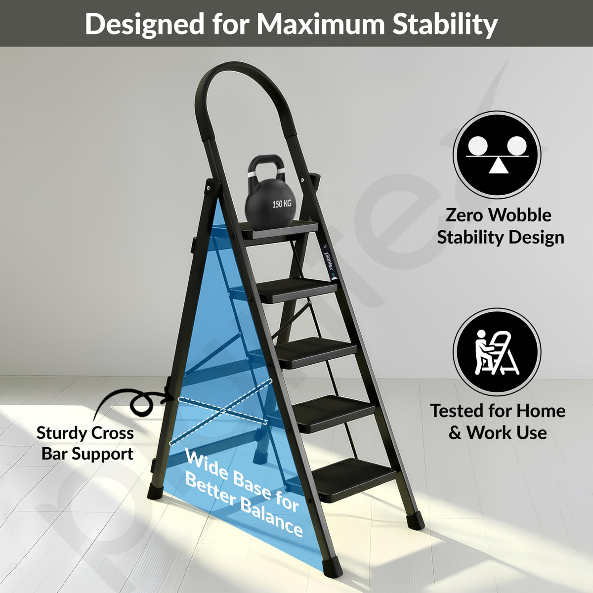 Plantex Ladder for Home 5 Steps/Foldable Ladder with Anti-Skid Wide Steps (30L x 20W cm)/Strong D-Shape Pipe with X-Support for More Stability/5 Year Warranty(Apex-Black)-6