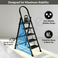 Plantex Ladder for Home 5 Steps/Foldable Ladder with Anti-Skid Wide Steps (30L x 20W cm)/Strong D-Shape Pipe with X-Support for More Stability/5 Year Warranty(Apex-Black)-6
