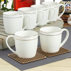 Clay Craft Elegant Gold Line Coffee/Tea Cups Set of 6 Perfect for Daily use 180 ml, White, Standard (Pipe-Set of 6)
