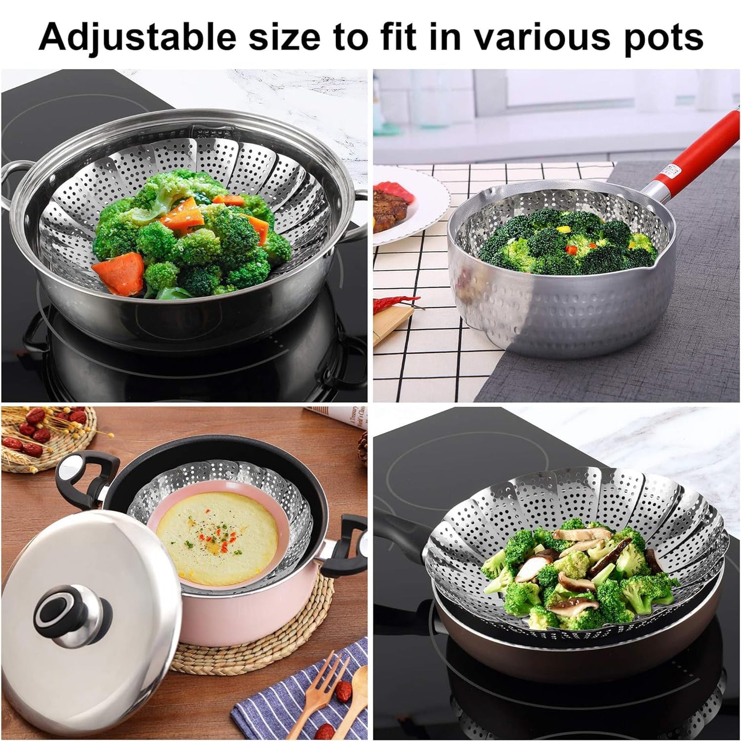 Jig-Tik Vegetable Steamer Basket, Premium Stainless Steel Veggie Steamer Basket - Folding Expandable Steamers to Fits Various Size Pot (6" to 10.5")