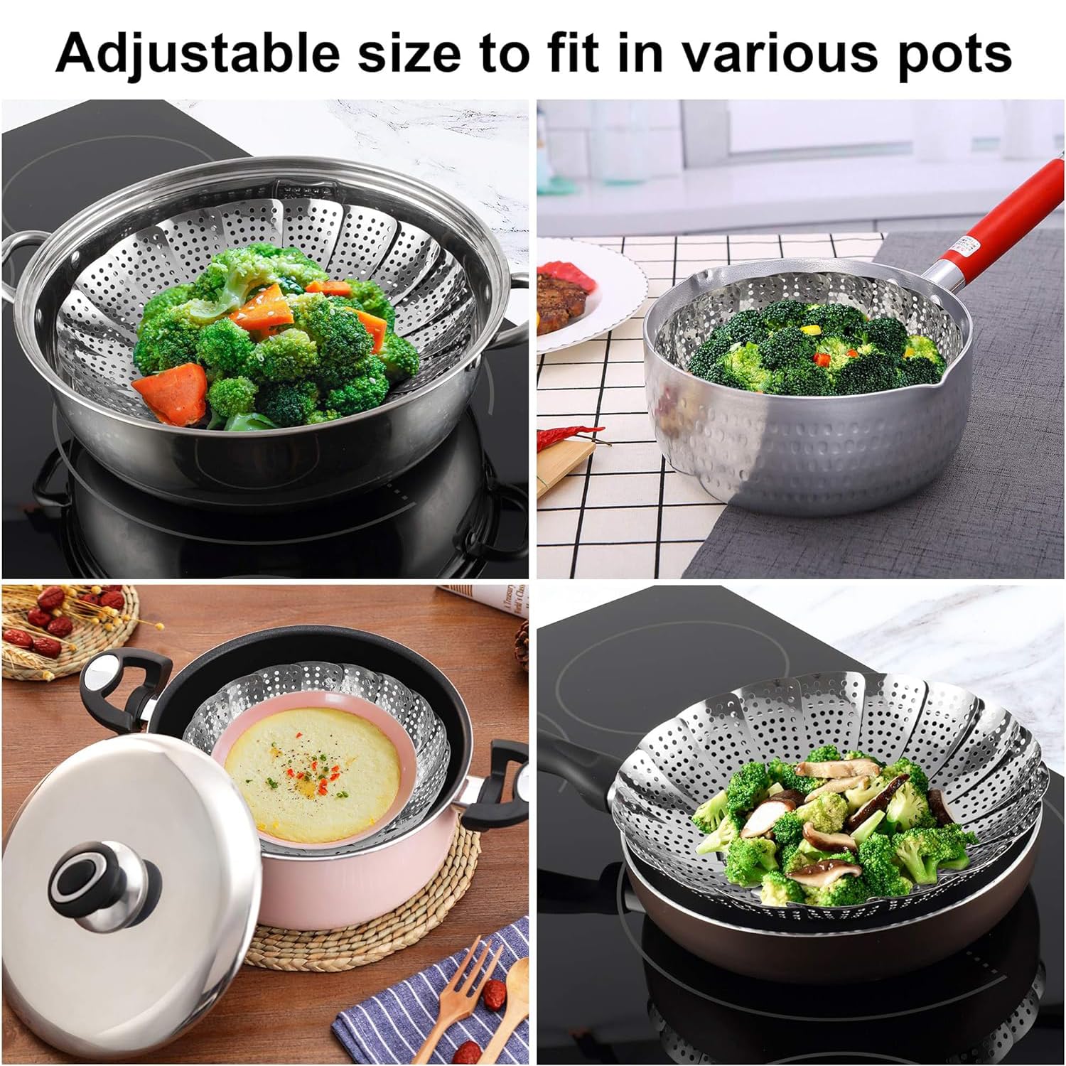 Jig-Tik Vegetable Steamer Basket, Premium Stainless Steel Veggie Steamer Basket - Folding Expandable Steamers to Fits Various Size Pot (6" to 10.5")
