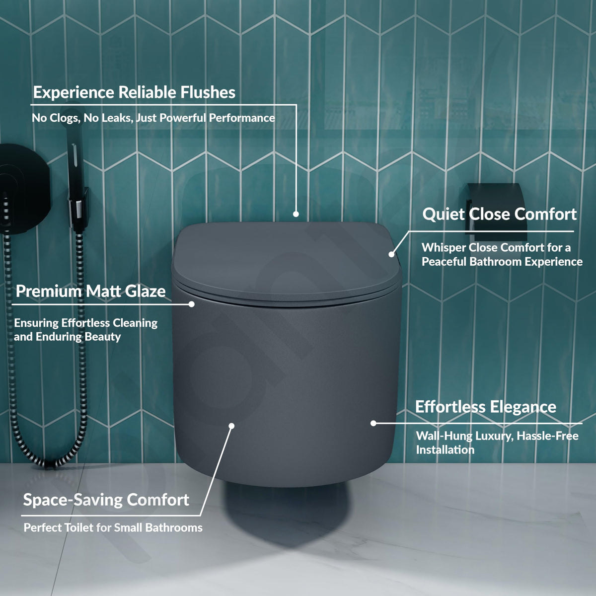 Plantex Imported Ceramic Wall Hung Commode/Rimless Washdown Flush Western Toilet/Commode with Soft Closing Toilet Seat - P Trap (Round - Matt Grey)-2