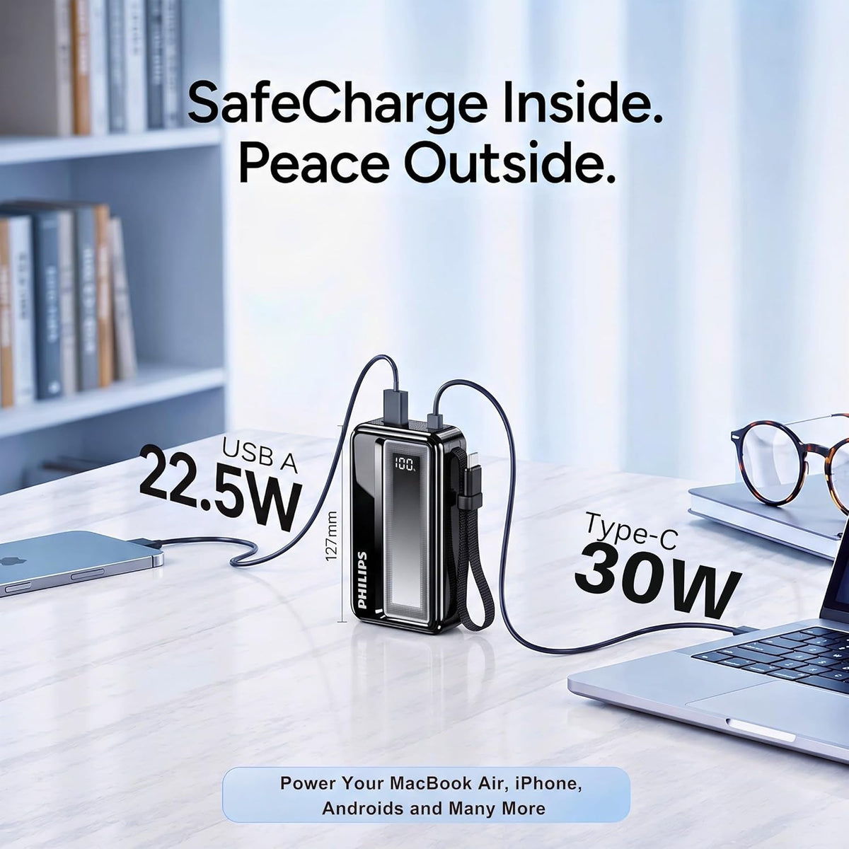 Philips 10000mAh 30W Max Fast Charging Power Bank (Dark Slate) with Built-in Cable