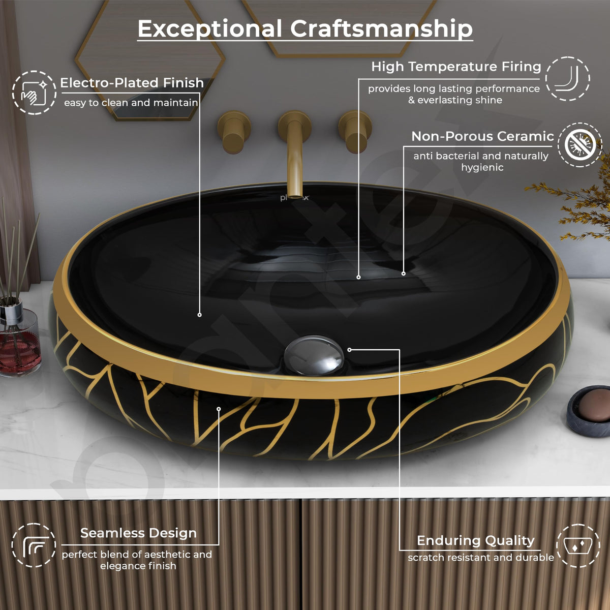 Plantex Black Wash Basin for Bathroom/Table Top Ceramic Basin/Oval Hand Wash Sink for Home/Hotel (23.5x16x6 Inch - Black&Gold)-4