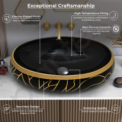 Plantex Black Wash Basin for Bathroom/Table Top Ceramic Basin/Oval Hand Wash Sink for Home/Hotel (23.5x16x6 Inch - Black&Gold)-4