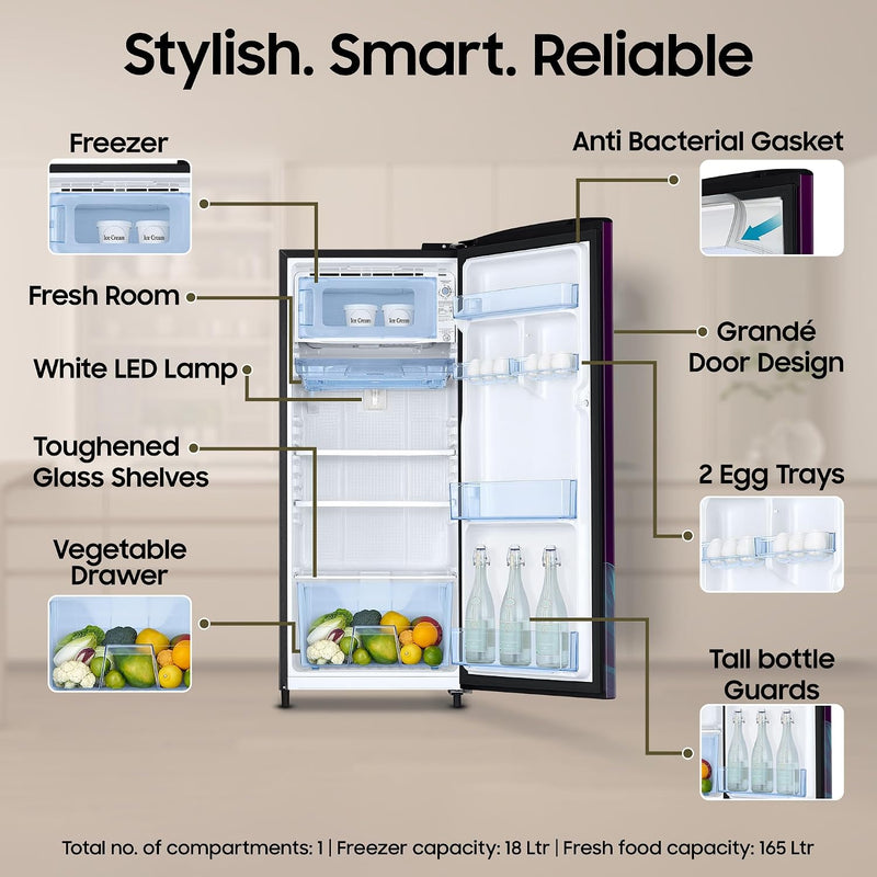 Samsung 183 L, 4 Star, Digital Inverter, Direct-Cool Single Door Refrigerator (RR20H27249R/NL, Paradise Bloom Purple, Single Touch Defrost, 2026)-4