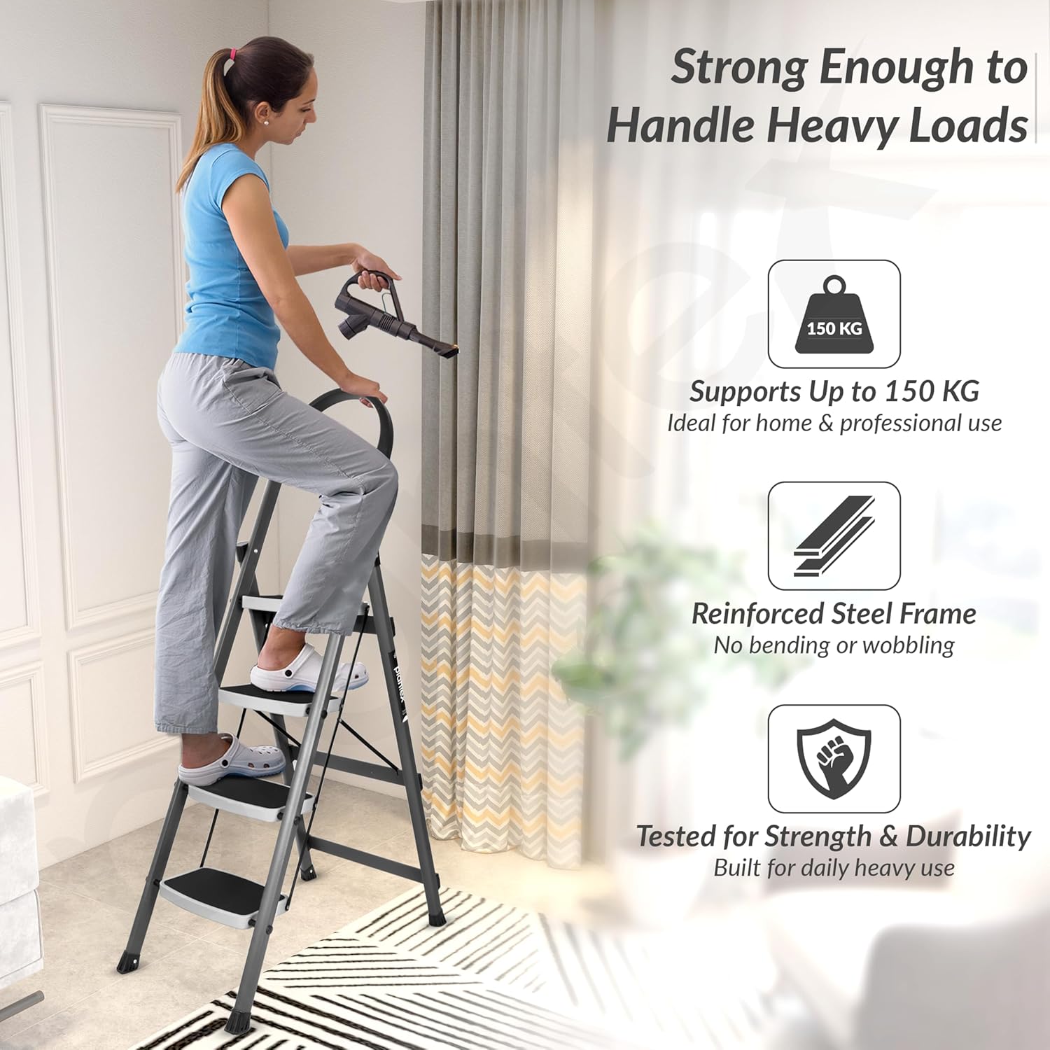 Plantex Steel 4 Step Ladder for Home/Wide Anti Skid 4 Step Ladder Foldable/5 Year Manufacturer Warranty By Plantex (Gray & White)