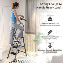 Plantex Steel 4 Step Ladder for Home/Wide Anti Skid 4 Step Ladder Foldable/5 Year Manufacturer Warranty By Plantex (Gray & White)