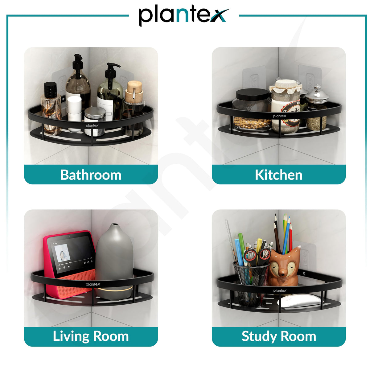 Plantex Corner Shelf for Bathroom Wall/No Drill Bathroom Organiser/Aluminium Corner Shelf for Kitchen/Self Adhesive Shelf (9x9 inches, Matt Black) - Pack of 2-5
